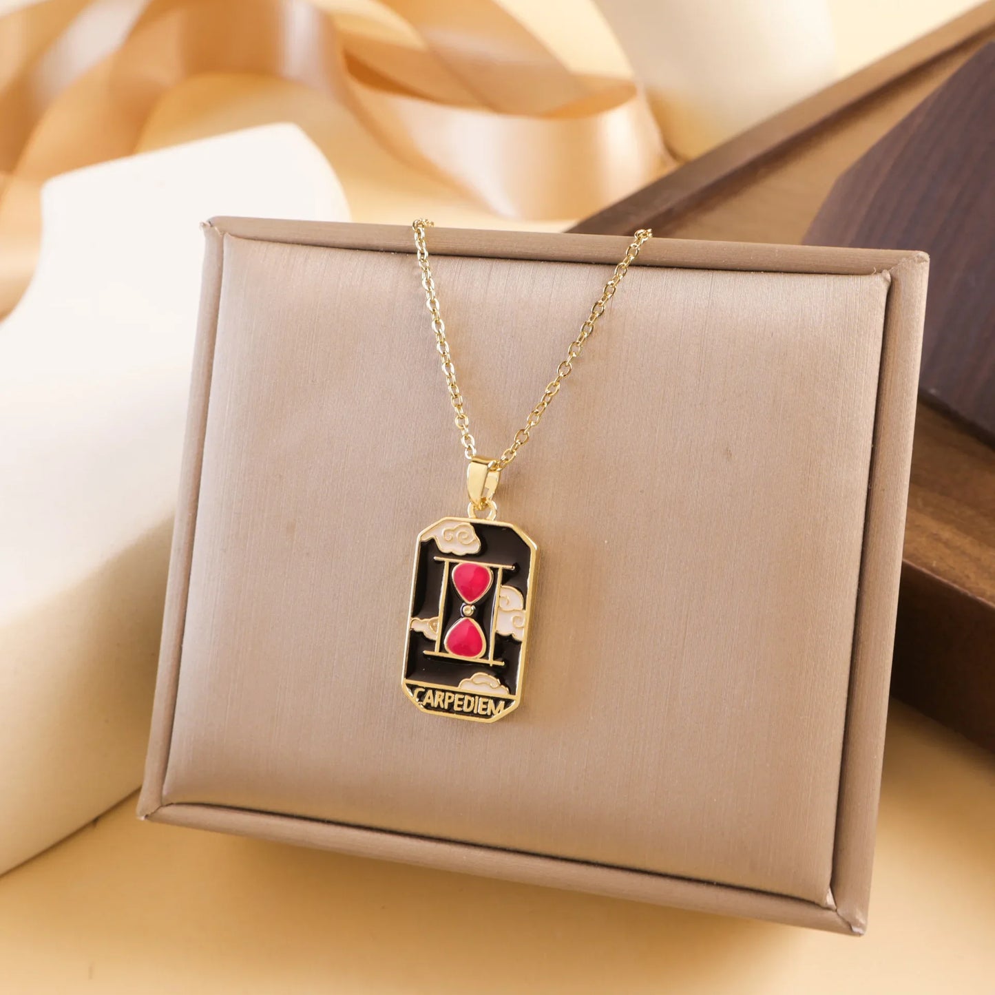 Gold Tarot Card Necklace, Stainless Steel and Bright Enamel Design