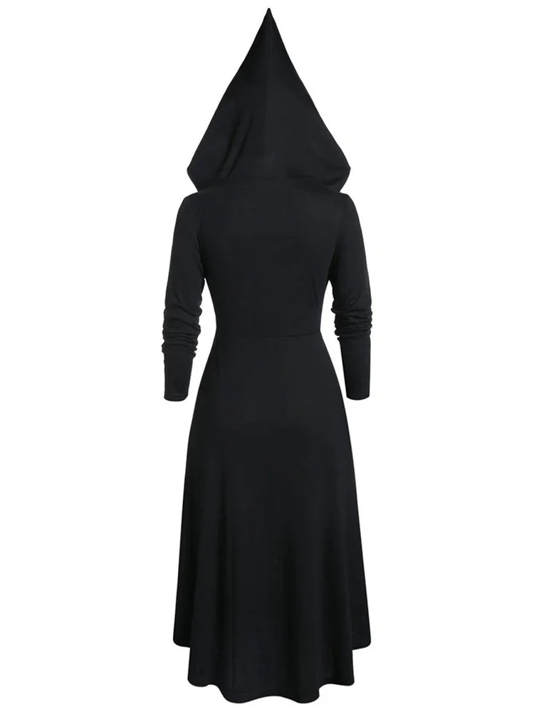 Woman's Gothic Black Medieval Hooded Dress, Dark-Punk Style, Pointed Hat Long Sleeve Dress