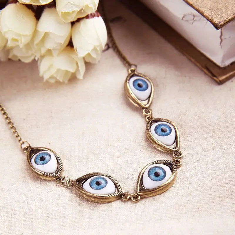 Vintage 5 Charm Evil Eye Necklace | Silver Color