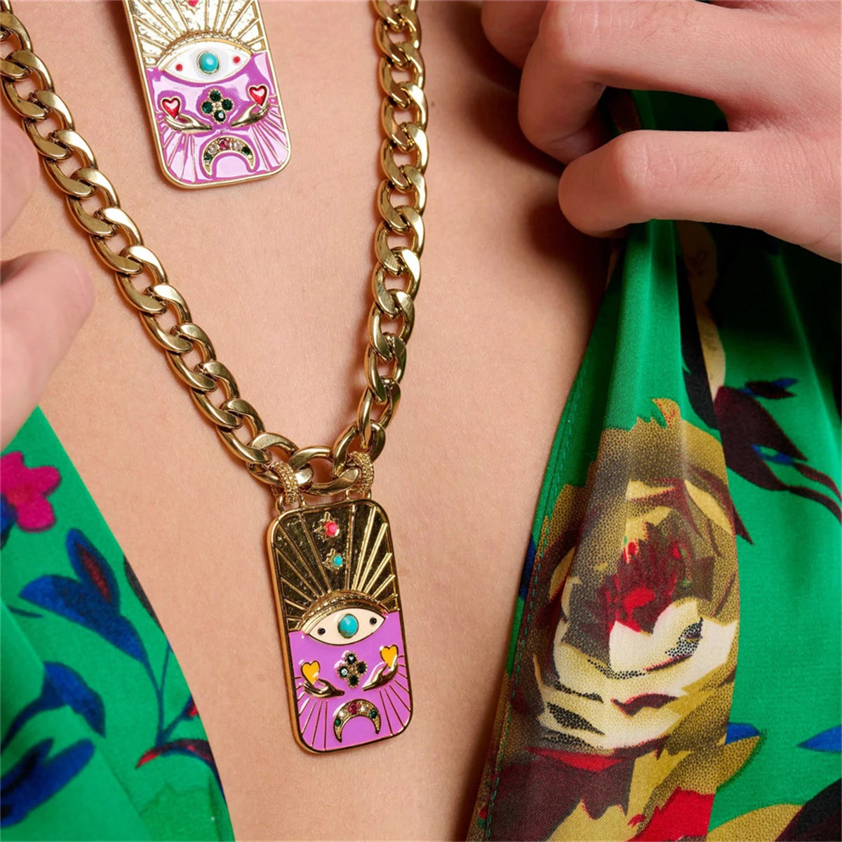 Gold - Pink Evil Eye Heavy Chain Necklace & Bracelet