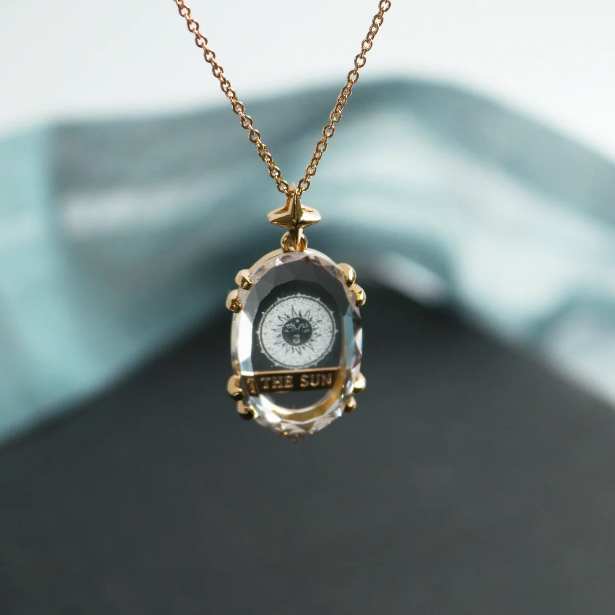 Tarot Card Pendant Necklace, Transparent Crystal Star Moon Sun