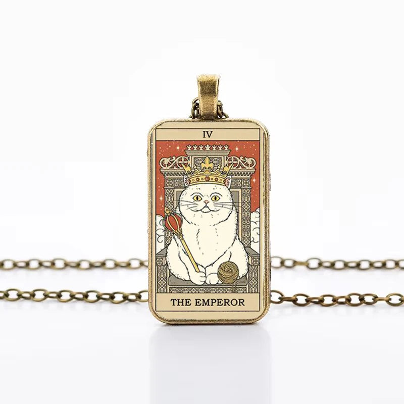 Cute Cat Tarot Card Necklace, Vintage Antique Gold Plated Divination Jewelry