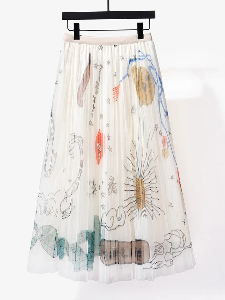 High-waisted Printed Celestial Mesh Skirt |Casual Black Whimsigothic Style