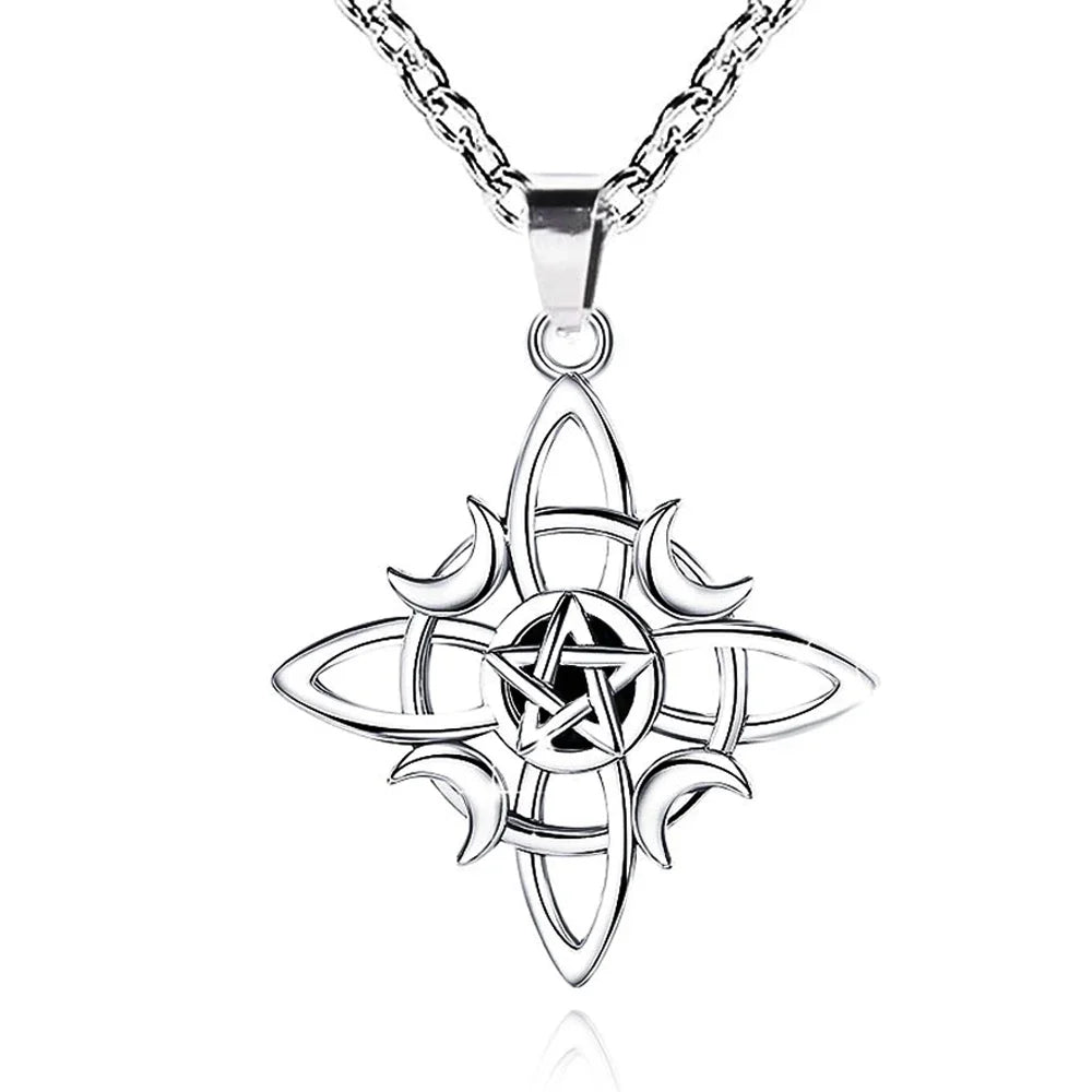 Witchcraft Celtic Knot Triple Moon Necklace for Women, Wicca Pentagram Pendant
