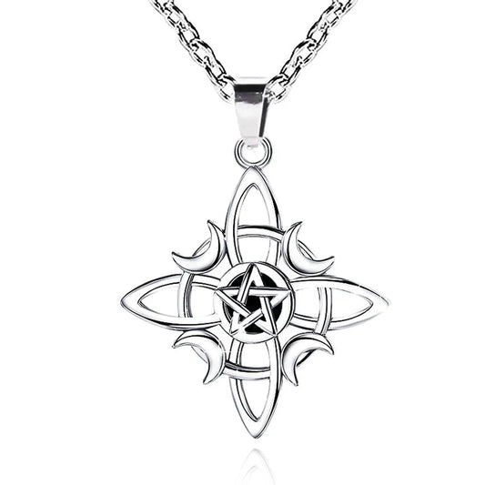 Witchcraft Celtic Knot Triple Moon Necklace for Women, Wicca Pentagram Pendant