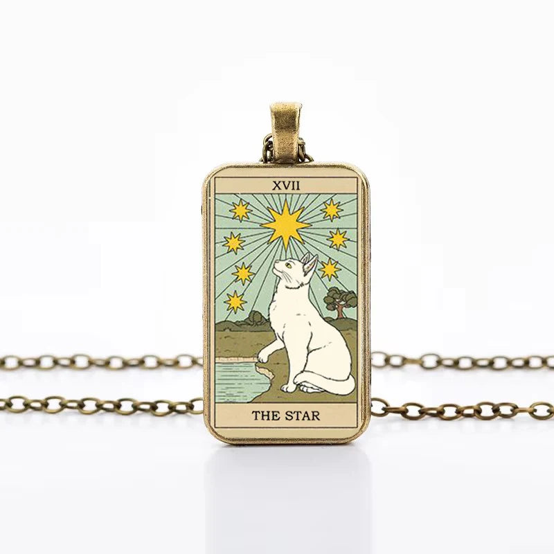 Cute Cat Tarot Card Necklace, Vintage Antique Gold Plated Divination Jewelry