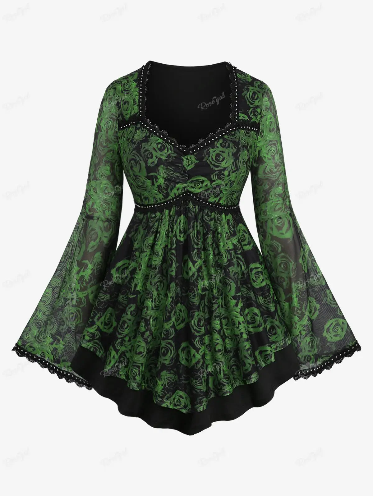 Spiritual Forest, Green Rose Dress Long Sleeve Frill - Ruffles Apparel