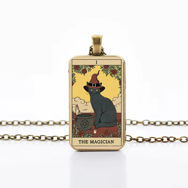 Cute Cat Tarot Card Necklace, Vintage Antique Gold Plated Divination Jewelry