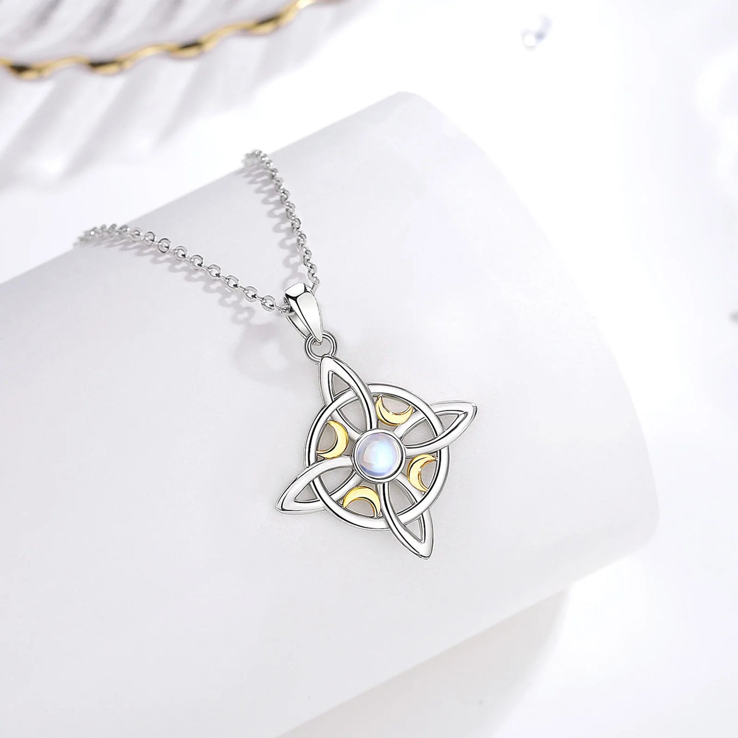 925 Sterling Silver, Gold Moon Witch Celtic Knot Necklace Jewelry