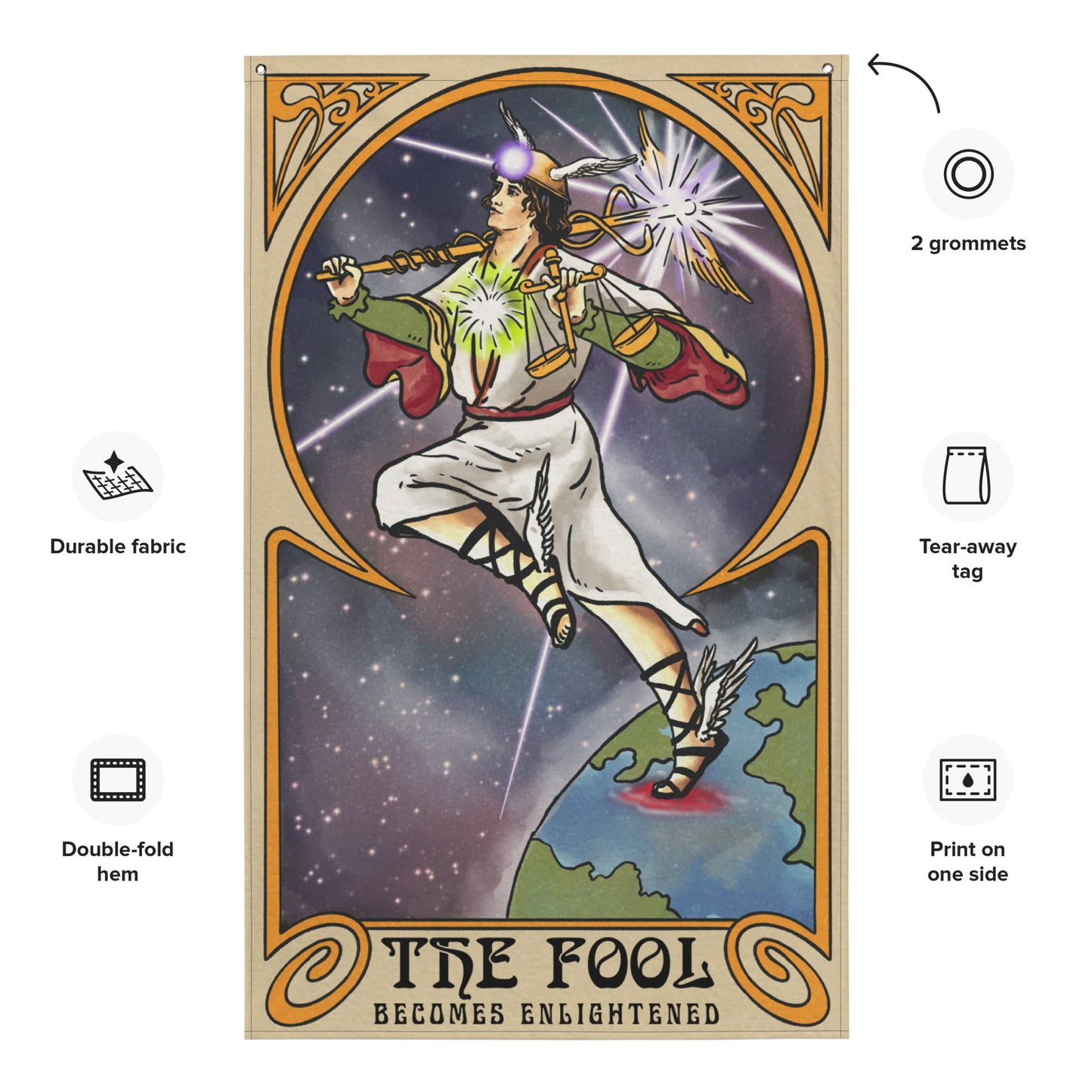 'The Fool Becomes Enlightened' - Greek God Hermes, Caduceus Flag Tapestry