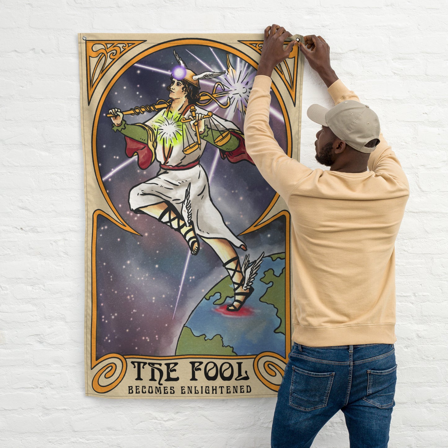 'The Fool Becomes Enlightened' - Greek God Hermes, Caduceus Flag Tapestry