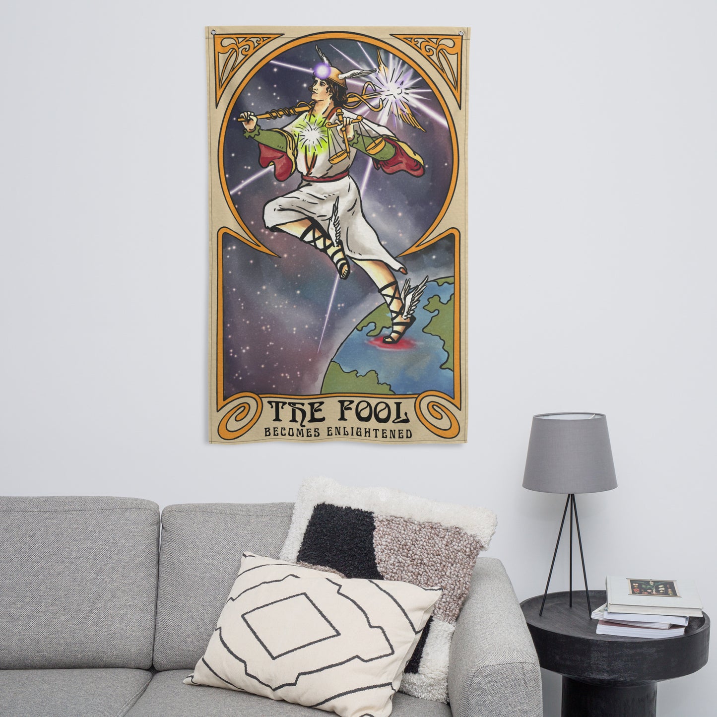 'The Fool Becomes Enlightened' - Greek God Hermes, Caduceus Flag Tapestry