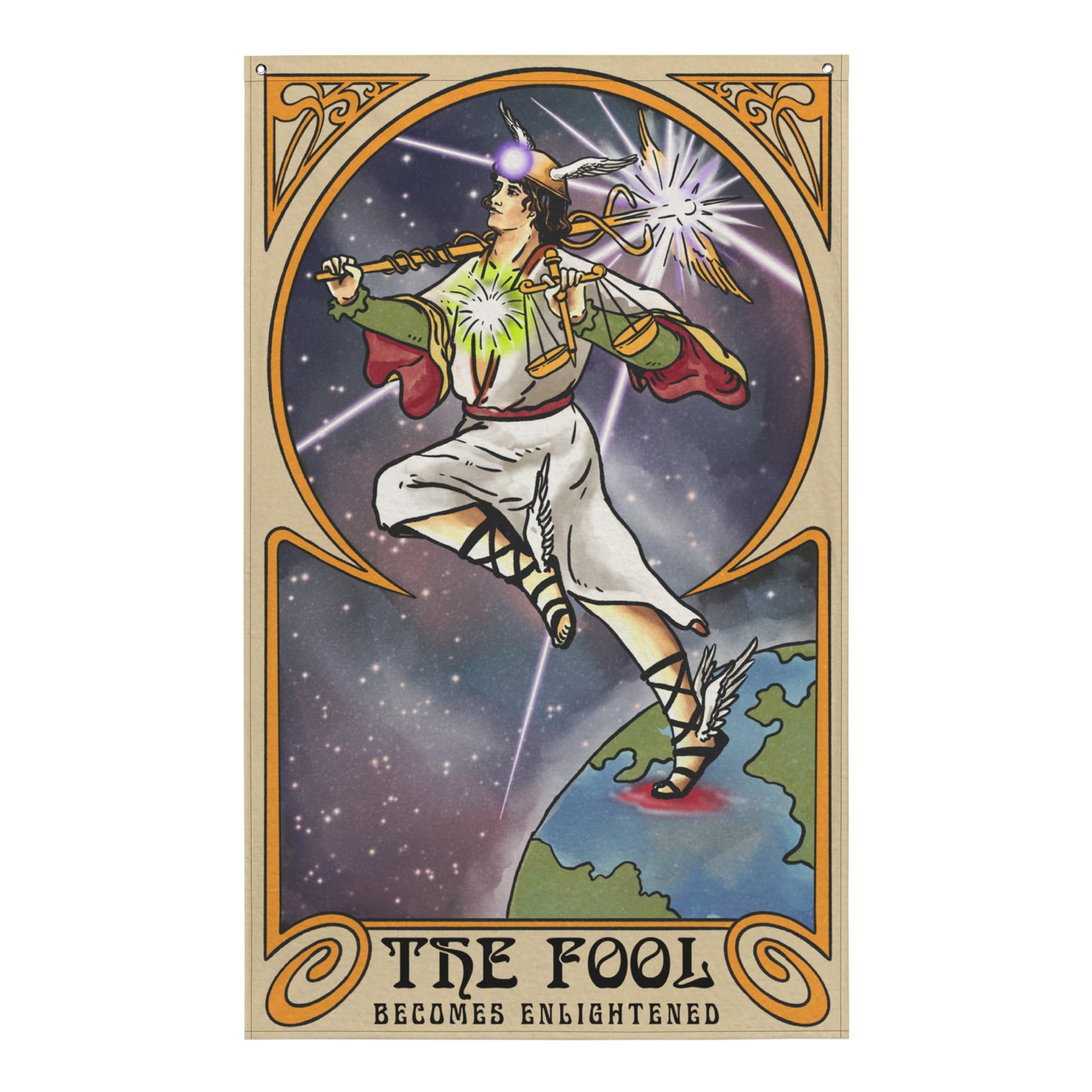 'The Fool Becomes Enlightened' - Greek God Hermes, Caduceus Flag Tapestry