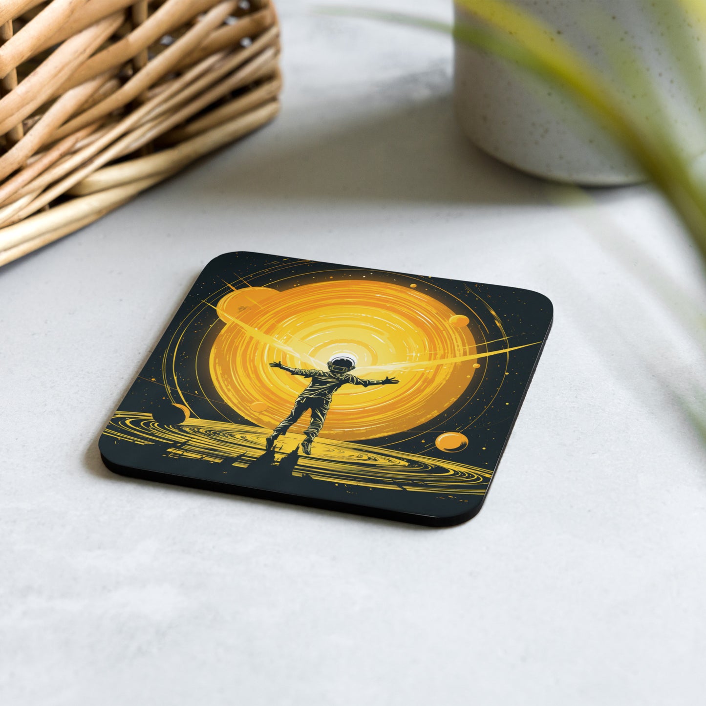Drink Coaster (Cork-Back) 'Spaceman' Design - Cosmic, Celestial, Astrology, Enlightenment, Solar System themed