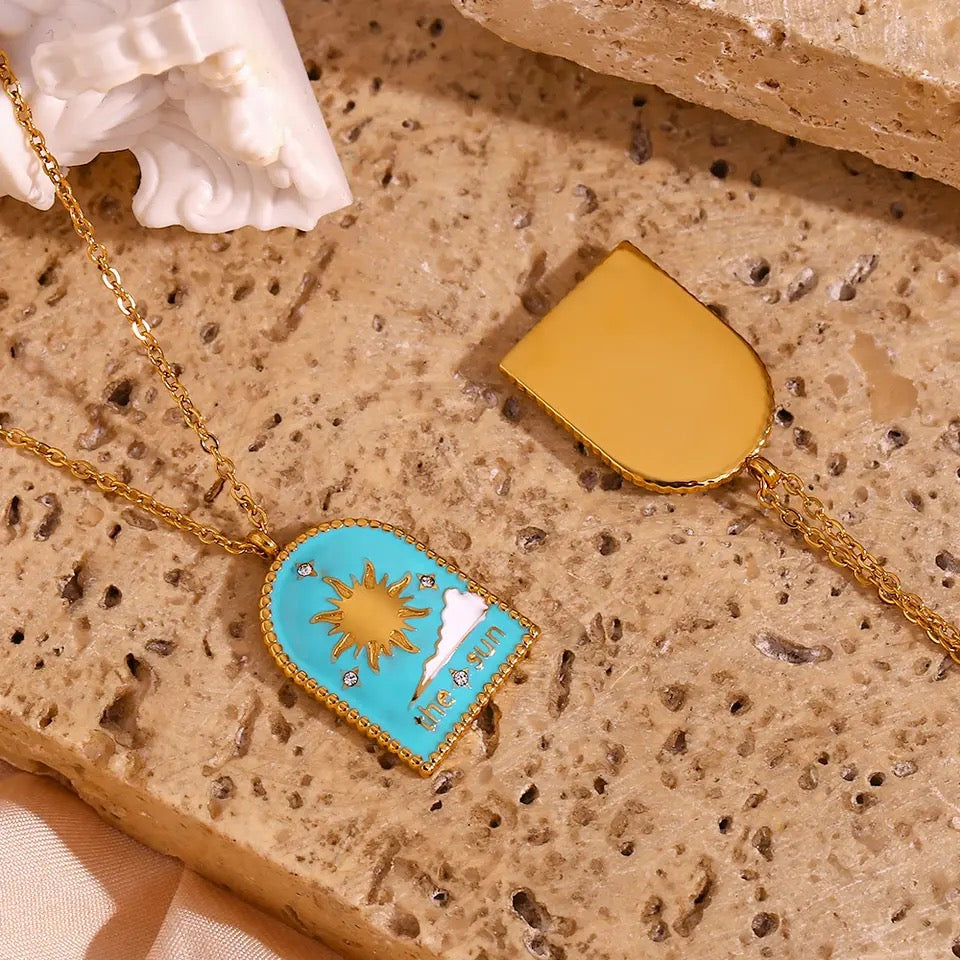 ‘The Sun’ Gold Tarot Card Enamel Necklace