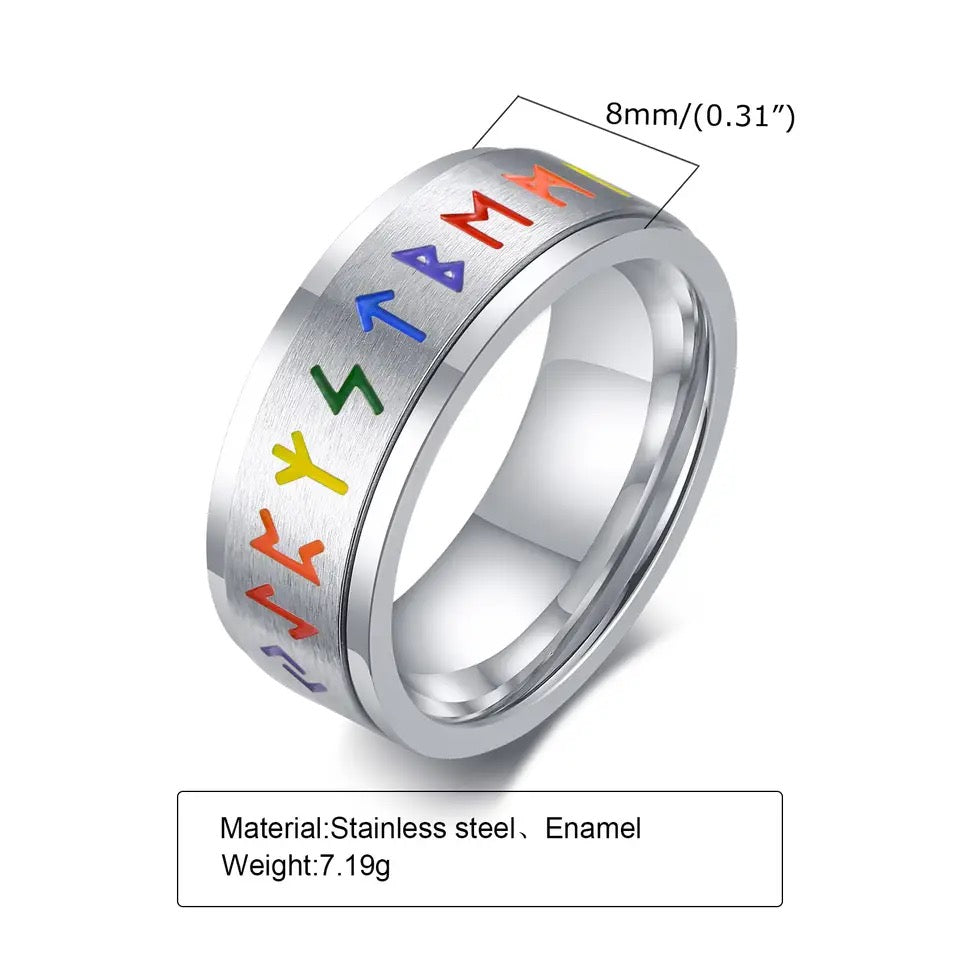 Rainbow Runic Silver Ring | LGBTQ, Nordic, Stainless Steel