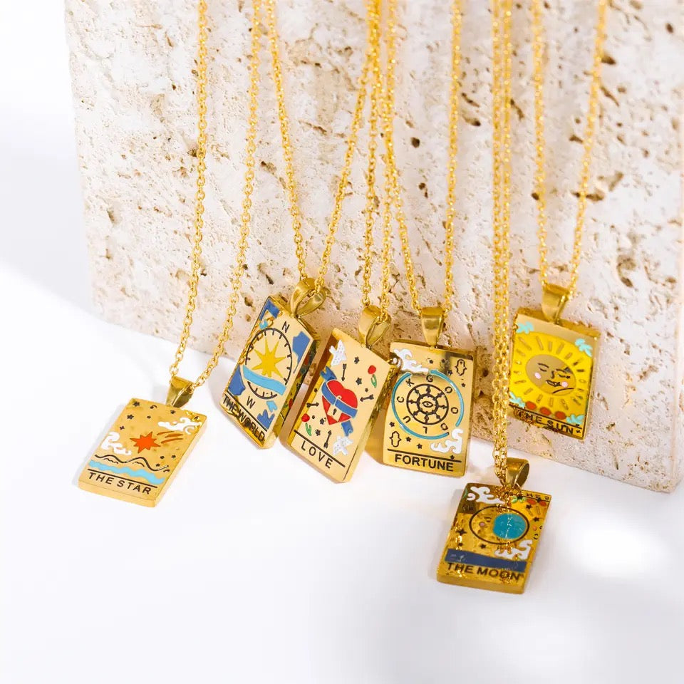 Tarot Card Colorful Engraved Necklace | Gold - Silver | 316L Stainless Steel