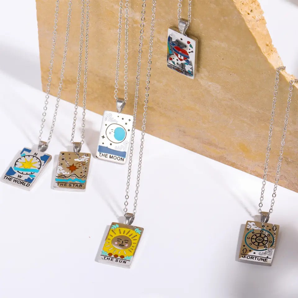 Tarot Card Colorful Engraved Necklace | Gold - Silver | 316L Stainless Steel