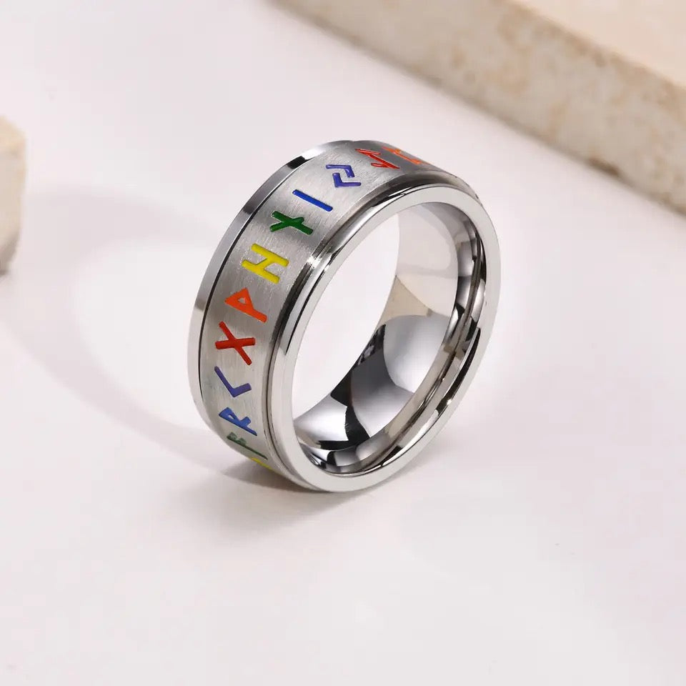 Rainbow Runic Silver Ring | LGBTQ, Nordic, Stainless Steel