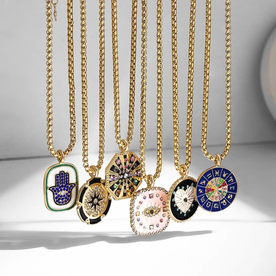 18k Gold Plated Evil Eye Hamsa Enamel Necklace | Stainless Sterling Jewelry