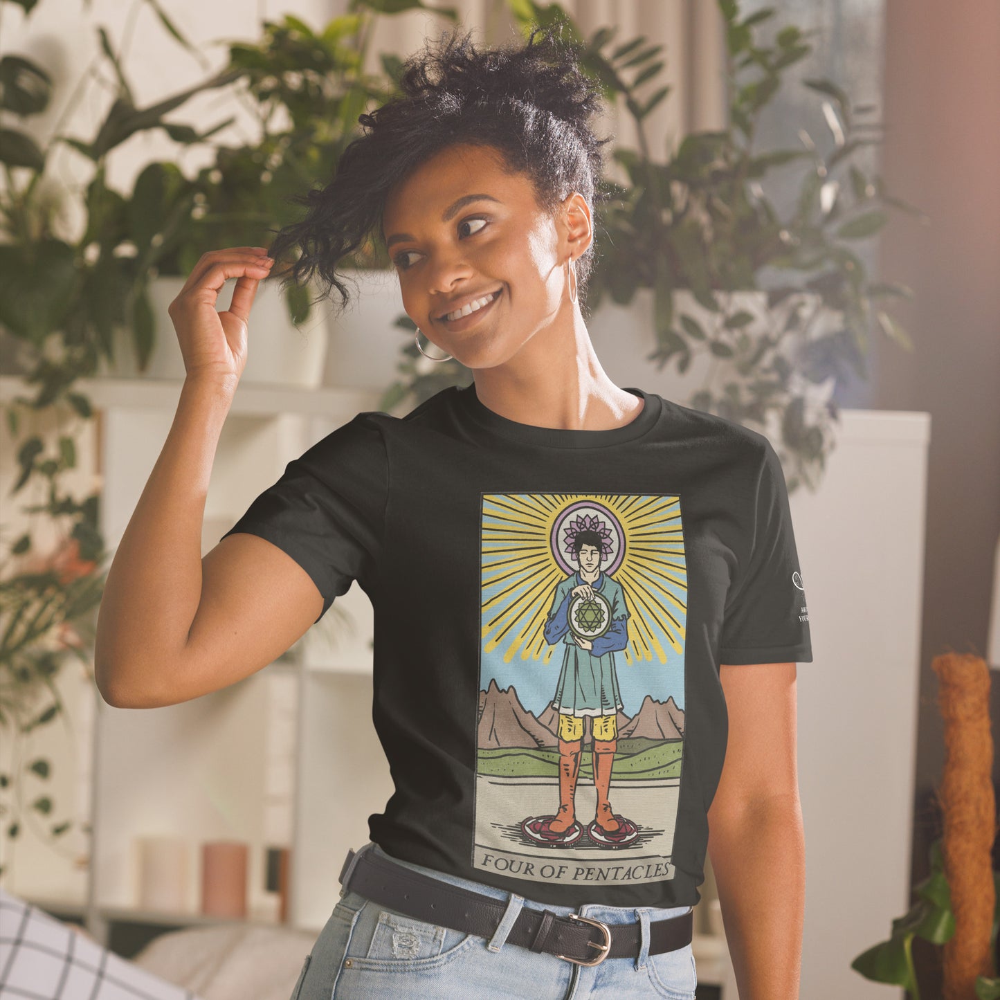 'Four of Pentacles' Tarot Card with Chakras Short Sleeve Unisex T-Shirt