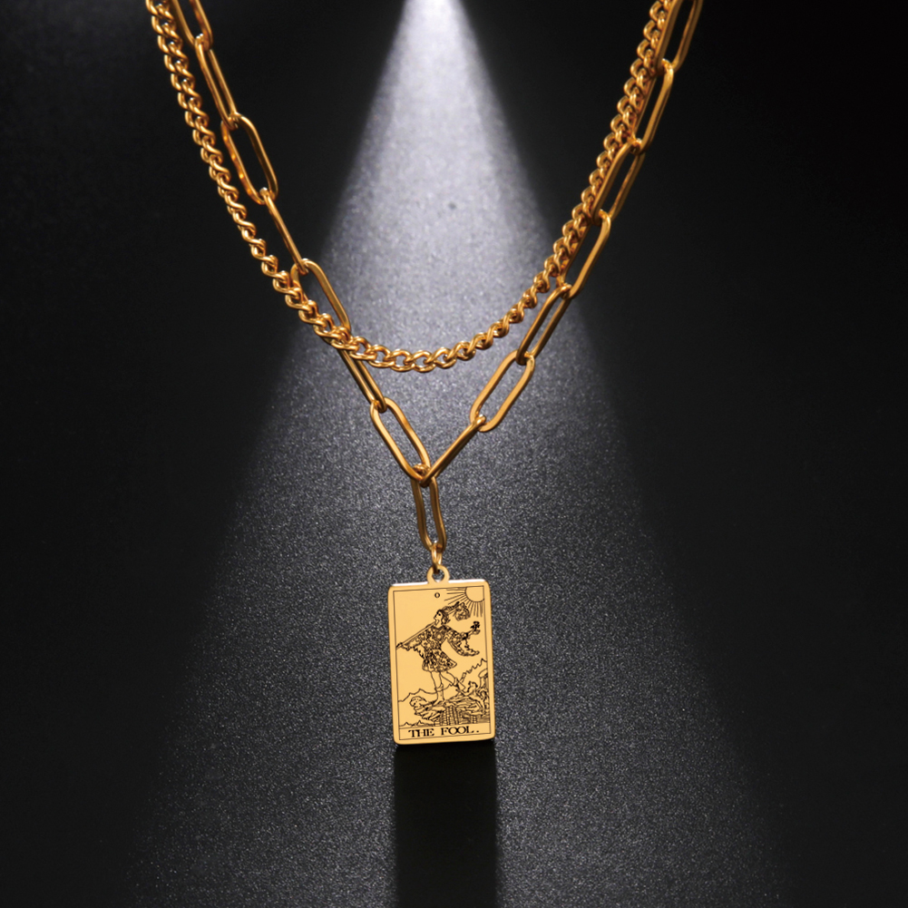 Engraved Tarot Card Chain Dual Chain Necklace - Stainless Steel Major Arcana