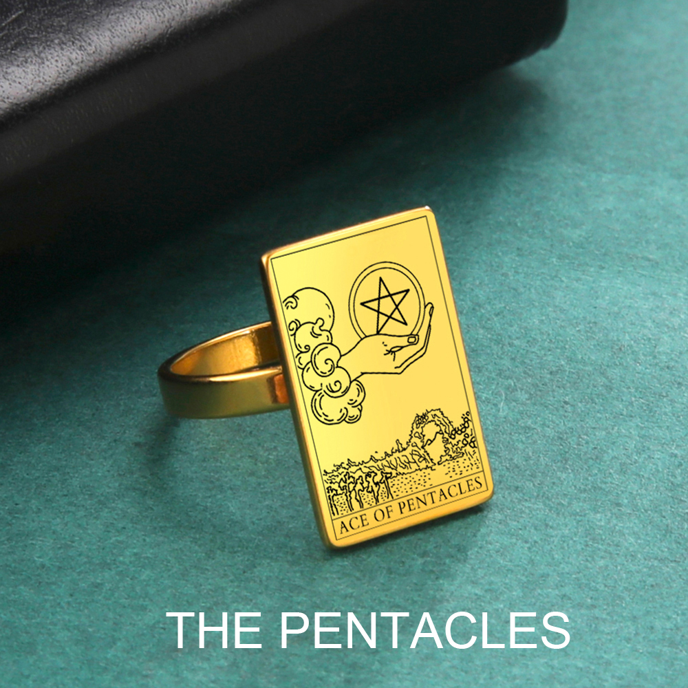 Engraved Tarot Card Ring - Stainless Steel Minor Arcana (Pentacles)