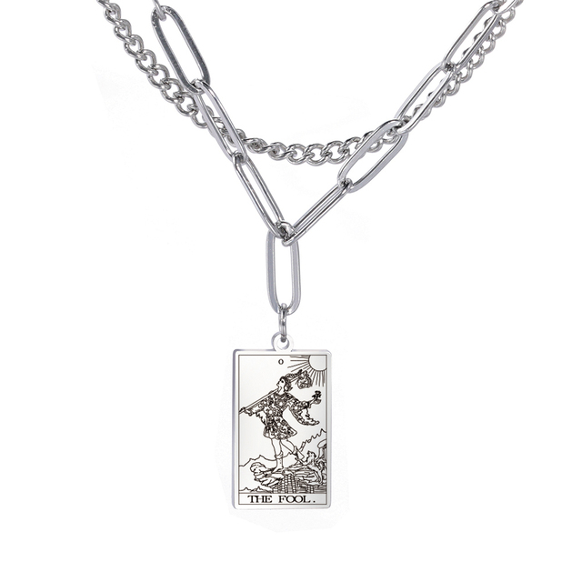 Engraved Tarot Card Chain Dual Chain Necklace - Stainless Steel Major Arcana