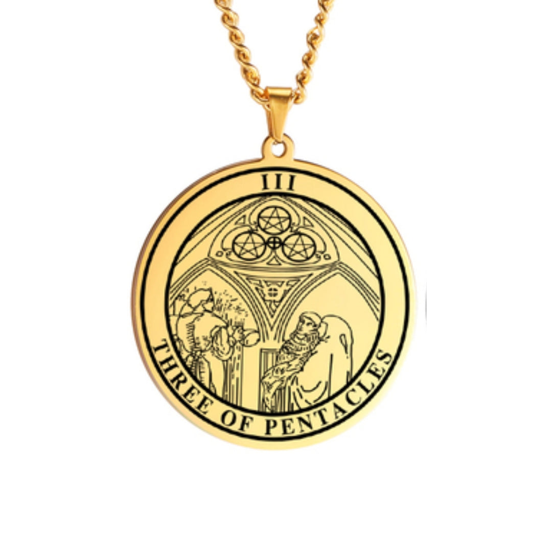 'Three of Pentacles' Tarot Card, Minor Arcana Round Pendant - Necklace | Jewelry