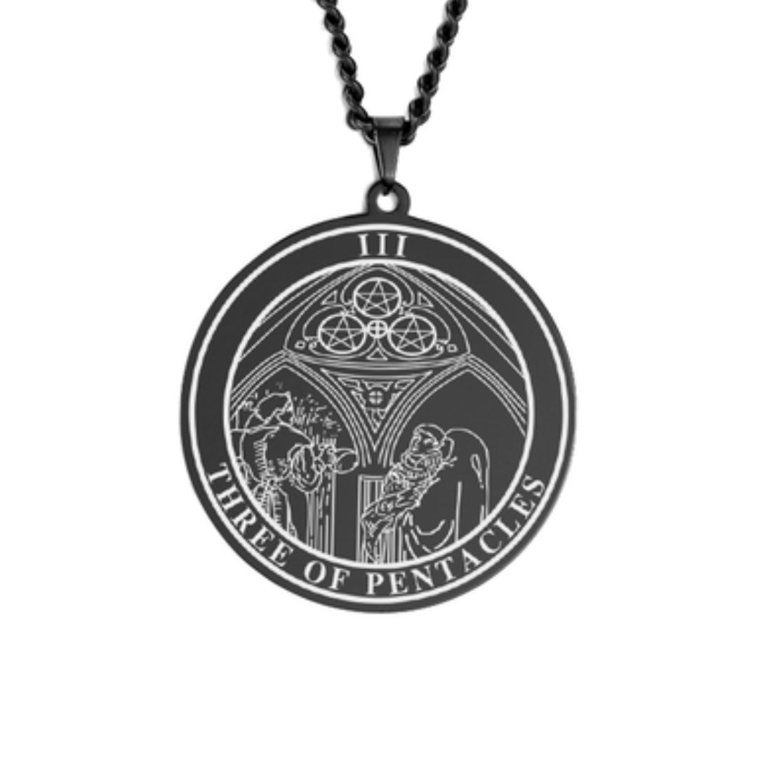 'Three of Pentacles' Tarot Card, Minor Arcana Round Pendant - Necklace | Jewelry