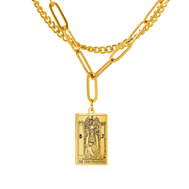 Engraved Tarot Card Chain Dual Chain Necklace - Stainless Steel Major Arcana