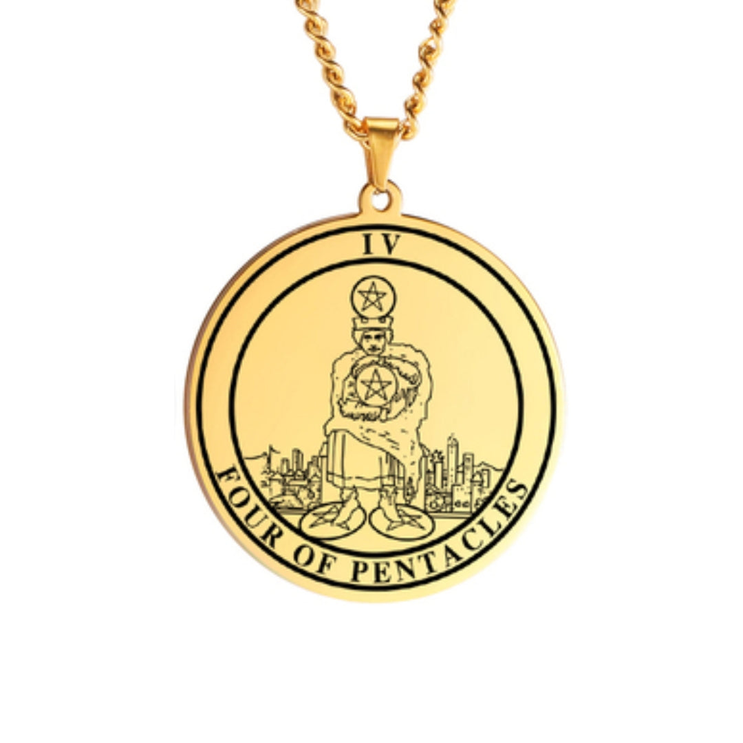 'Four of Pentacles' Tarot Card, Minor Arcana Round Pendant - Necklace | Jewelry