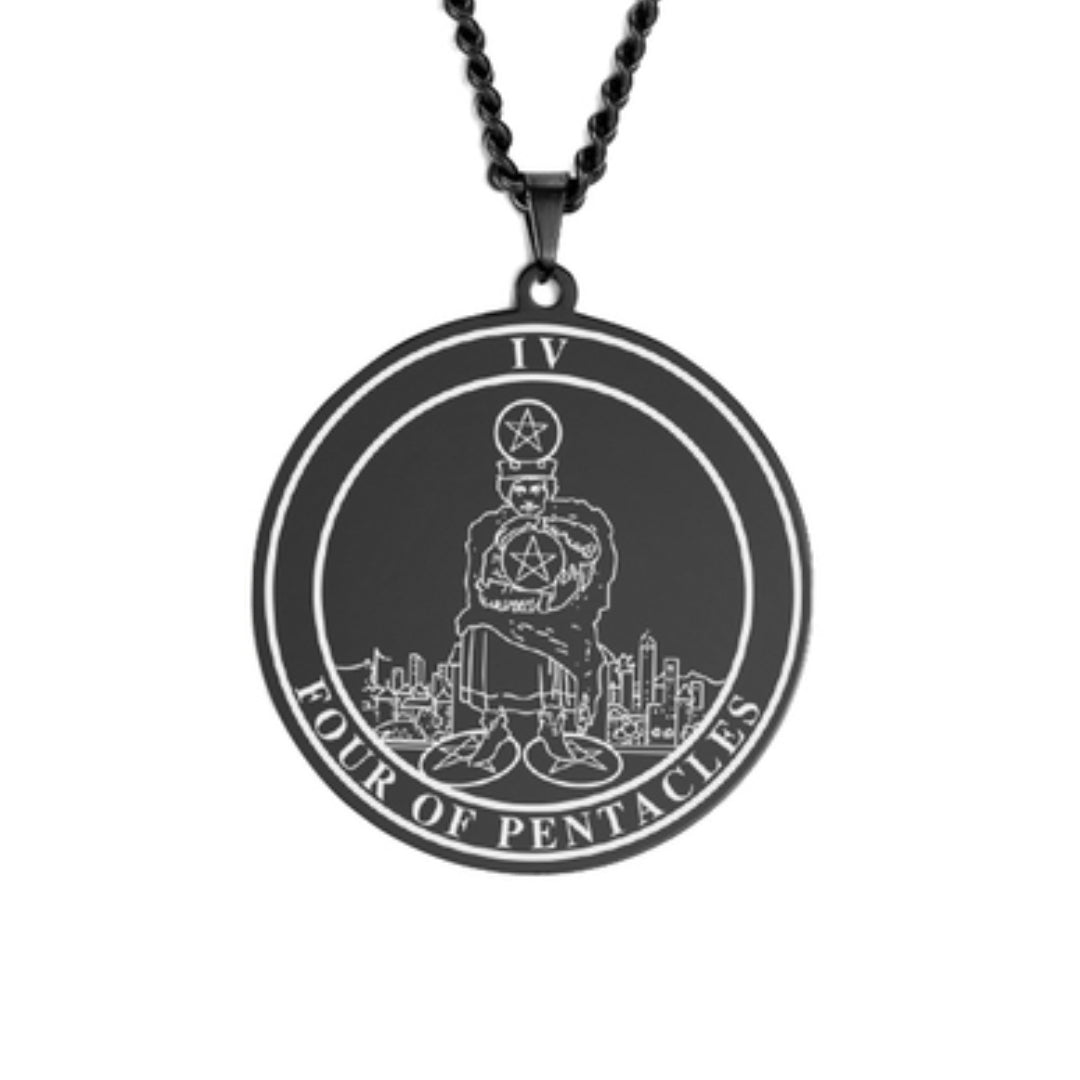 'Four of Pentacles' Tarot Card, Minor Arcana Round Pendant - Necklace | Jewelry