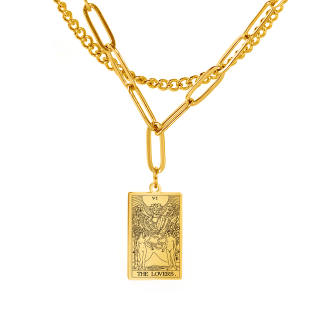 Engraved Tarot Card Chain Dual Chain Necklace - Stainless Steel Major Arcana