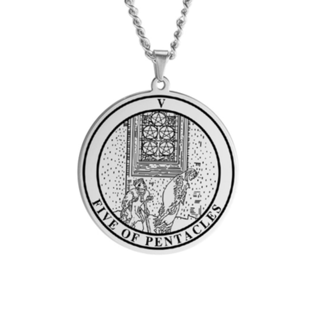 'Five of Pentacles' Tarot Card, Minor Arcana Round Pendant - Necklace | Jewelry