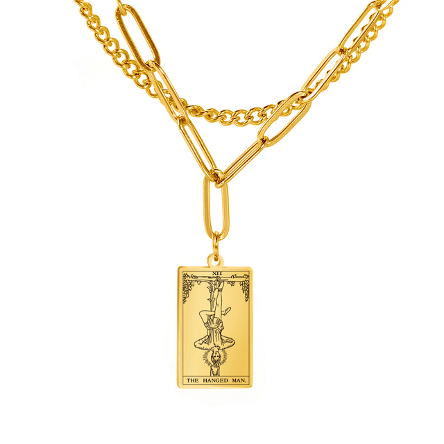 Engraved Tarot Card Chain Dual Chain Necklace - Stainless Steel Major Arcana