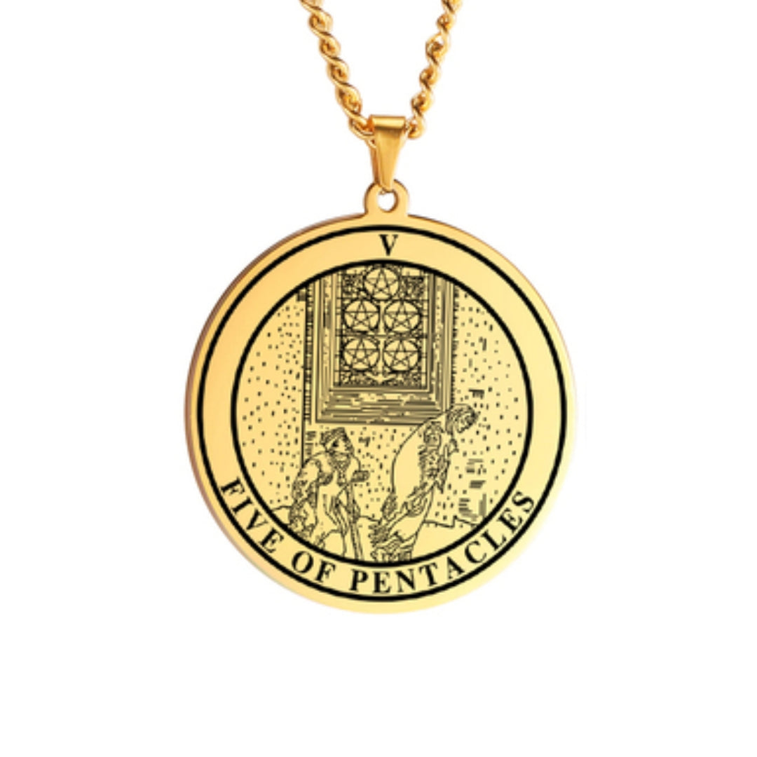 'Five of Pentacles' Tarot Card, Minor Arcana Round Pendant - Necklace | Jewelry