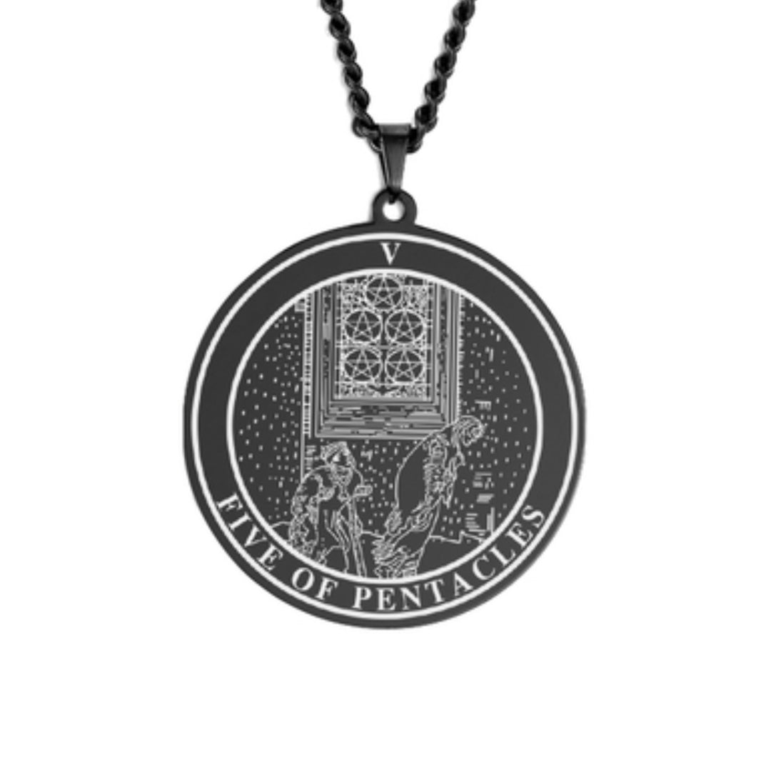'Five of Pentacles' Tarot Card, Minor Arcana Round Pendant - Necklace | Jewelry