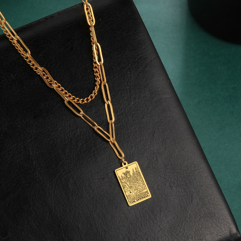 Engraved Tarot Card Chain Dual Chain Necklace - Stainless Steel Major Arcana