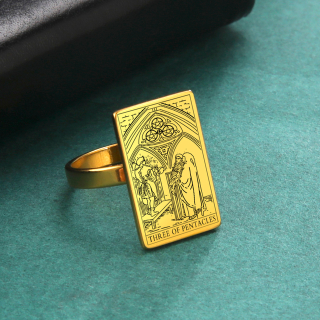 Engraved Tarot Card Ring - Stainless Steel Minor Arcana (Pentacles)