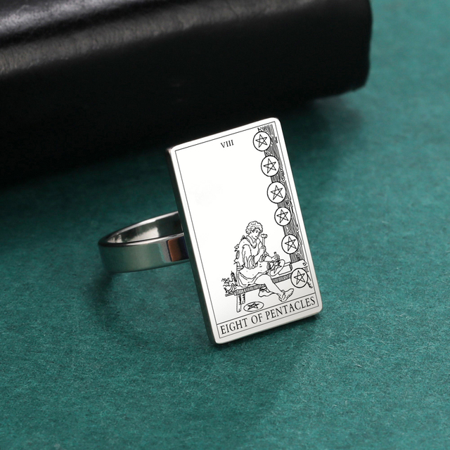 Engraved Tarot Card Ring - Stainless Steel Minor Arcana (Pentacles)