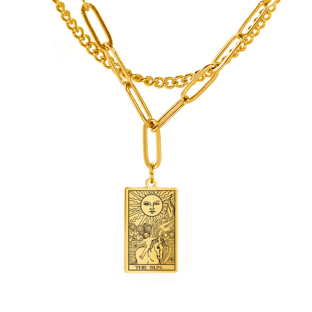 Engraved Tarot Card Chain Dual Chain Necklace - Stainless Steel Major Arcana