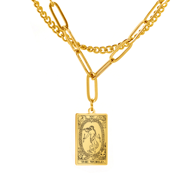 Engraved Tarot Card Chain Dual Chain Necklace - Stainless Steel Major Arcana