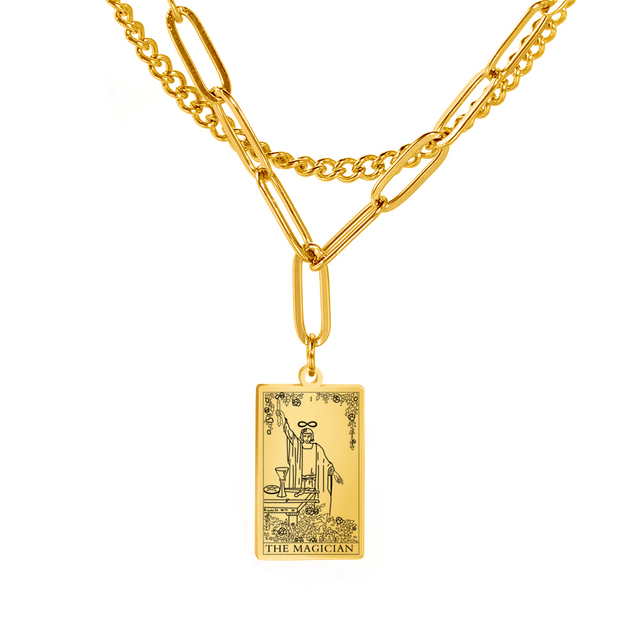 Engraved Tarot Card Chain Dual Chain Necklace - Stainless Steel Major Arcana