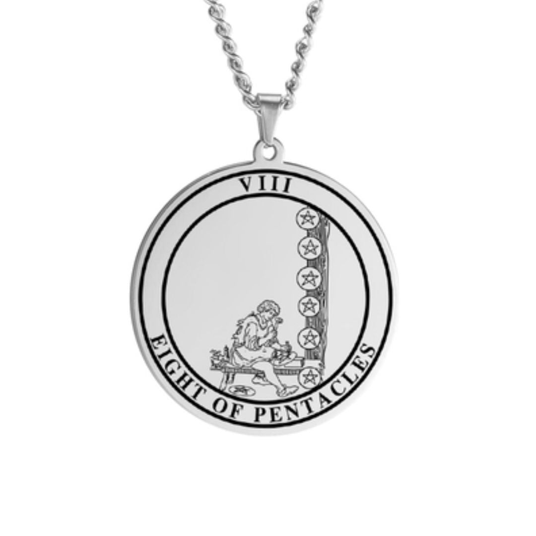 'Eight of Pentacles' Tarot Card, Minor Arcana Round Pendant - Necklace | Jewelry