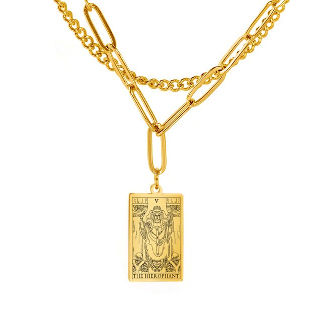 Engraved Tarot Card Chain Dual Chain Necklace - Stainless Steel Major Arcana