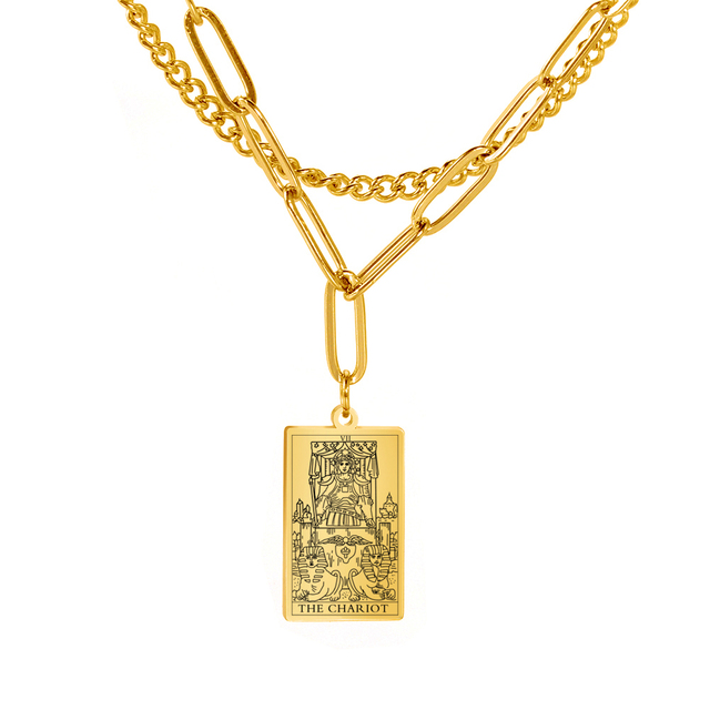 Engraved Tarot Card Chain Dual Chain Necklace - Stainless Steel Major Arcana