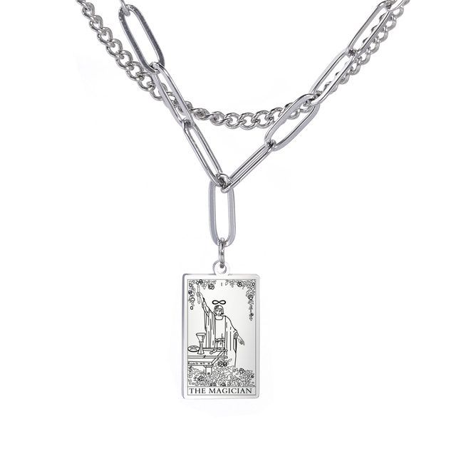 Engraved Tarot Card Chain Dual Chain Necklace - Stainless Steel Major Arcana