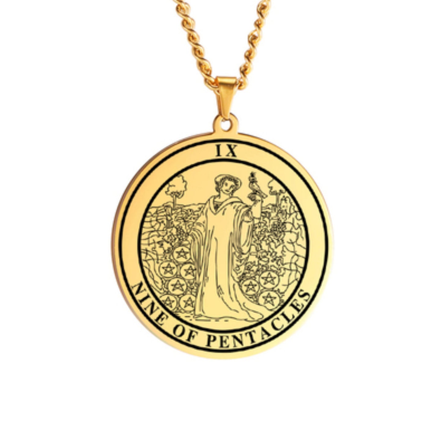 'Nine of Pentacles' Tarot Card, Minor Arcana Round Pendant - Necklace | Jewelry