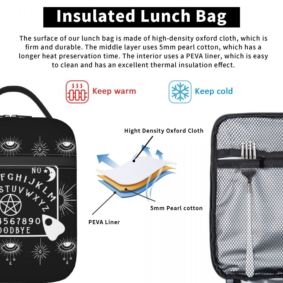 Ouija Board - Pentagram Lunch Bag | Premium Insulated Bag for Witches, Tarot Readers, Spiritual People, Occult